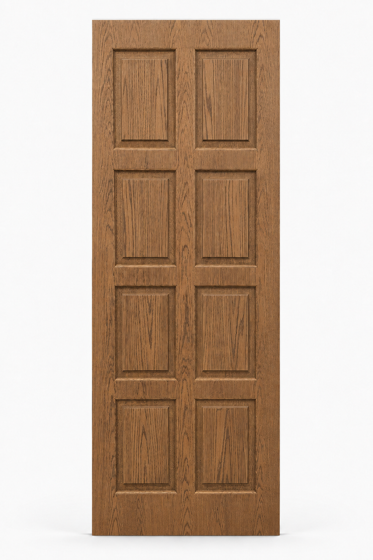 The Ashbourne bespoke stained oak veneer eight panel internal door with raised mouldings