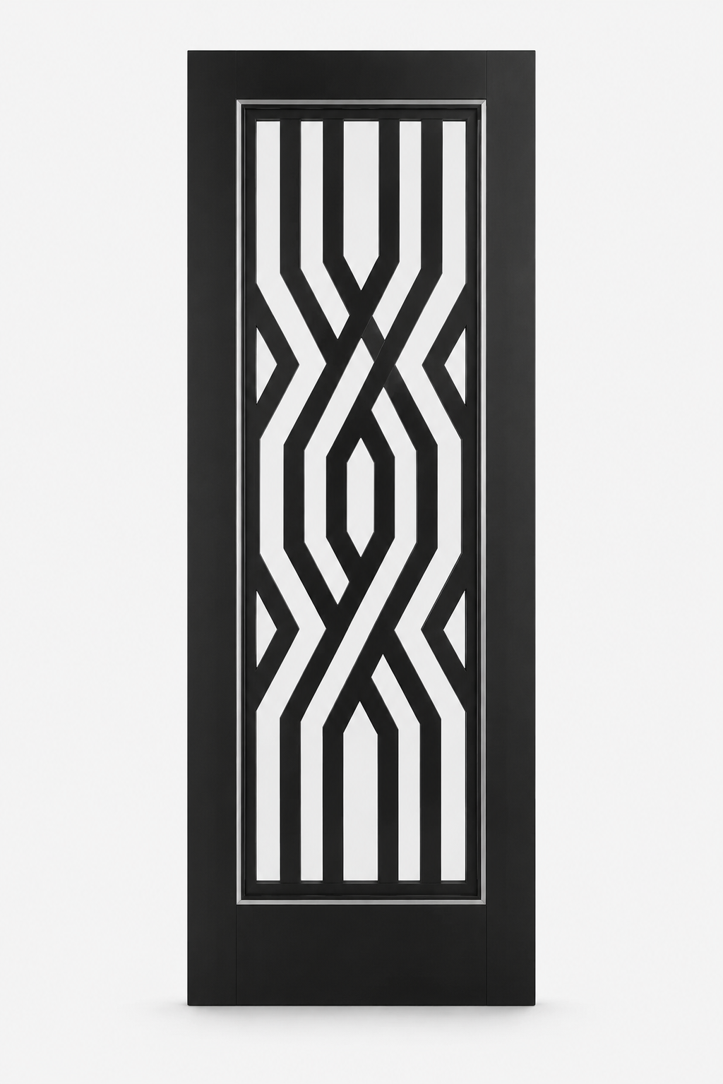 The Atlas bespoke black Art Deco fretwork internal door with clear glass and satin chrome inlay