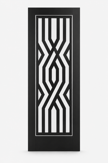 The Atlas bespoke black Art Deco fretwork internal door with clear glass and satin chrome inlay