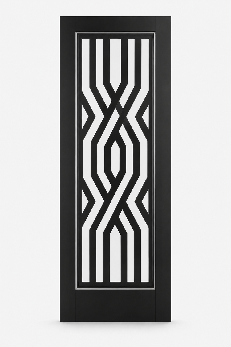 The Atlas bespoke black Art Deco fretwork internal door with clear glass and satin chrome inlay